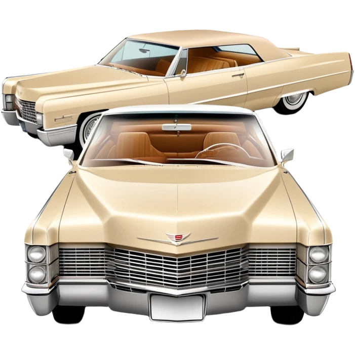 Clean-lined beige 1966 Cadillac DeVille, very minimalistic approach, 30-degree perspective, simplified iconic silhouette, Once Upon a Hollywood vehicle, iOS emoji style emoji