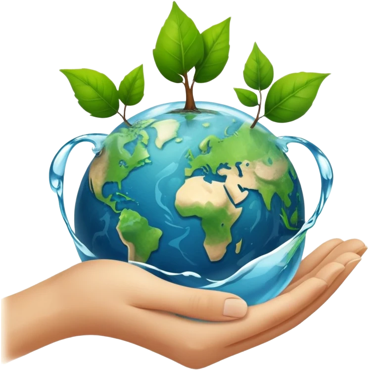 An icon featuring a green leaf, Earth held in hands, and a recycling symbol, symbolizing ecology. The design includes trees, clean water, and animals, representing environmental protection, sustainability, and ecosystems. Transparent background highlights the science of nature and conservation. emoji
