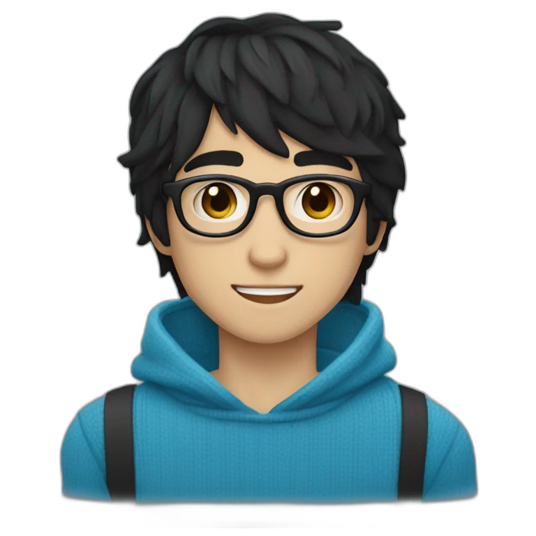 Long emo black haired boy blue eyes and black rectangle nerd glasses smiling wearing blue sweater tan skin emo bangs over right eye emoji