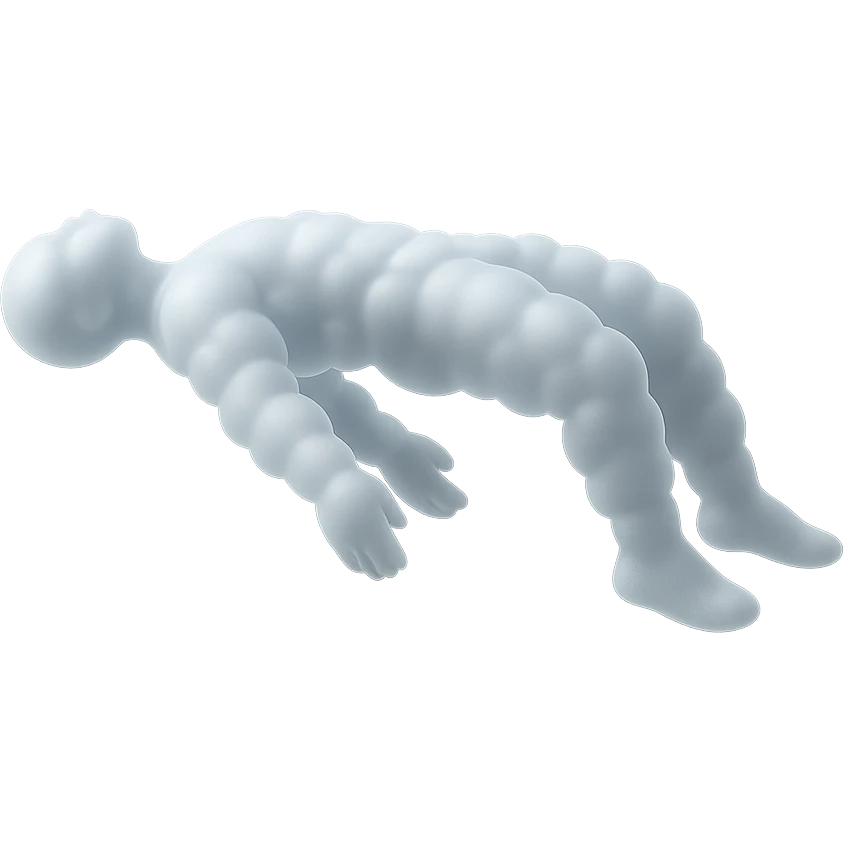 side view of unconscious person flying with torso upwards, legs and arms downwards, made of small very bright white fluffy convex clouds, matte glass style emoji