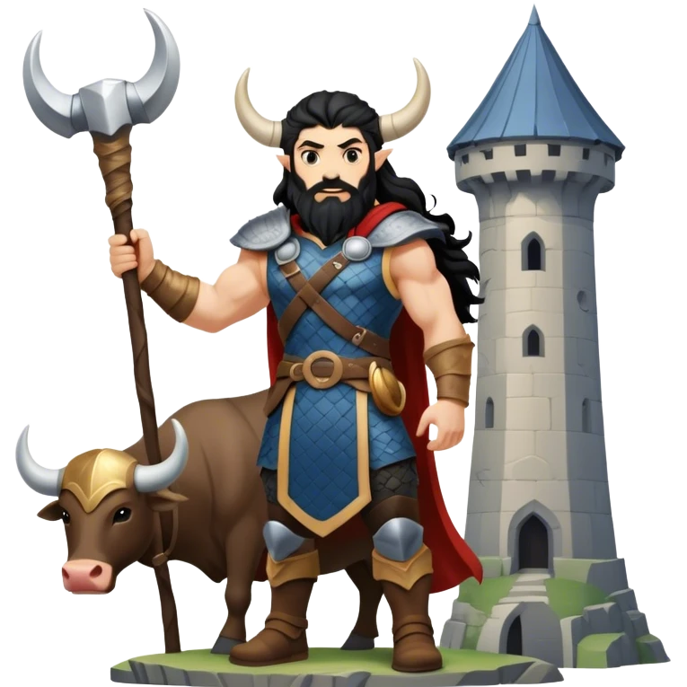 vikingo con armadura de Asgard, con cuerno de vaca, pelo negro ondulado, de pie, grito de guerra en torre de Asgard. emoji
