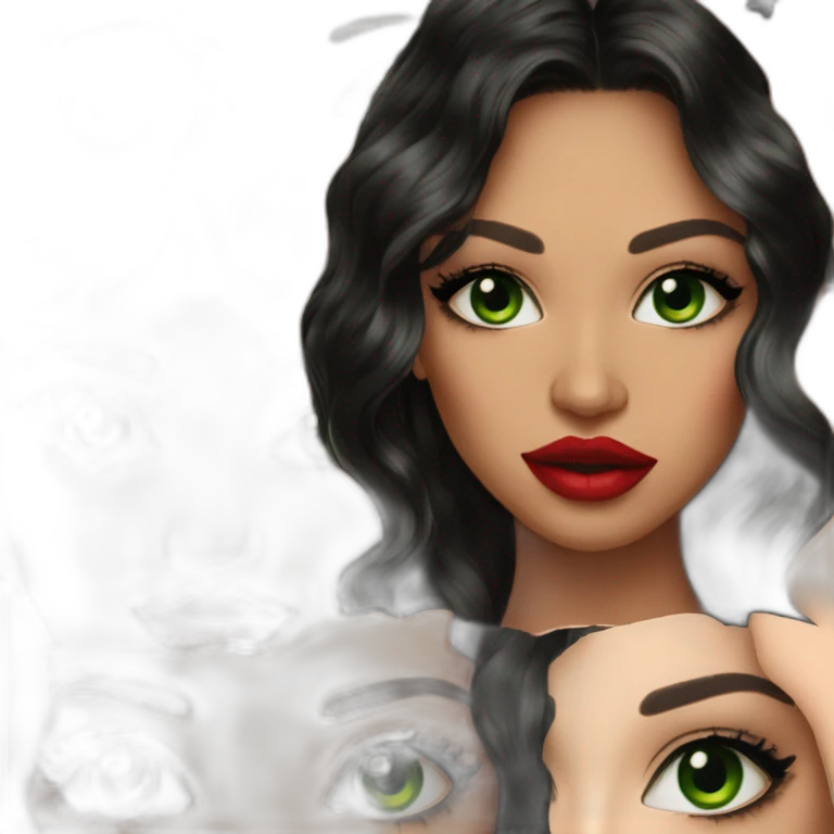 beautiful woman, green eyes, black long wavy hair, tawny skin, big lips, red lipstick, great makeup emoji