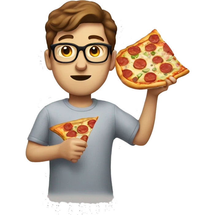 White nerd with brown hair eating pizza emoji