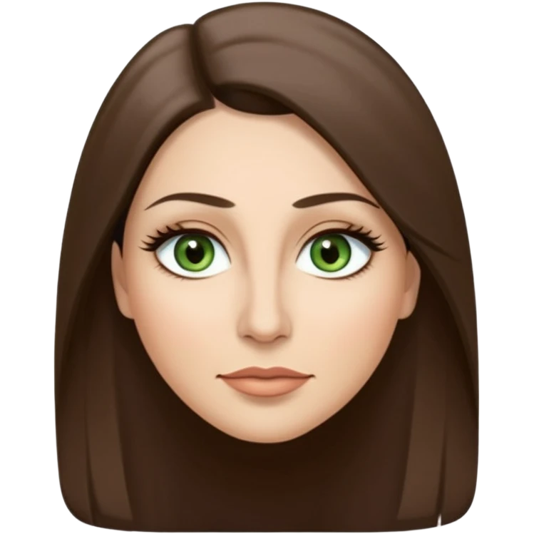 43. year old Adult woman avatar, light skin tone, long, oval face, long straight ashy brown hair, green almond-shaped eyes with dramatic eyelashes and minimal eyeliner, neutral mouth, medium straight eyebrows, small nose, smooth skin emoji
