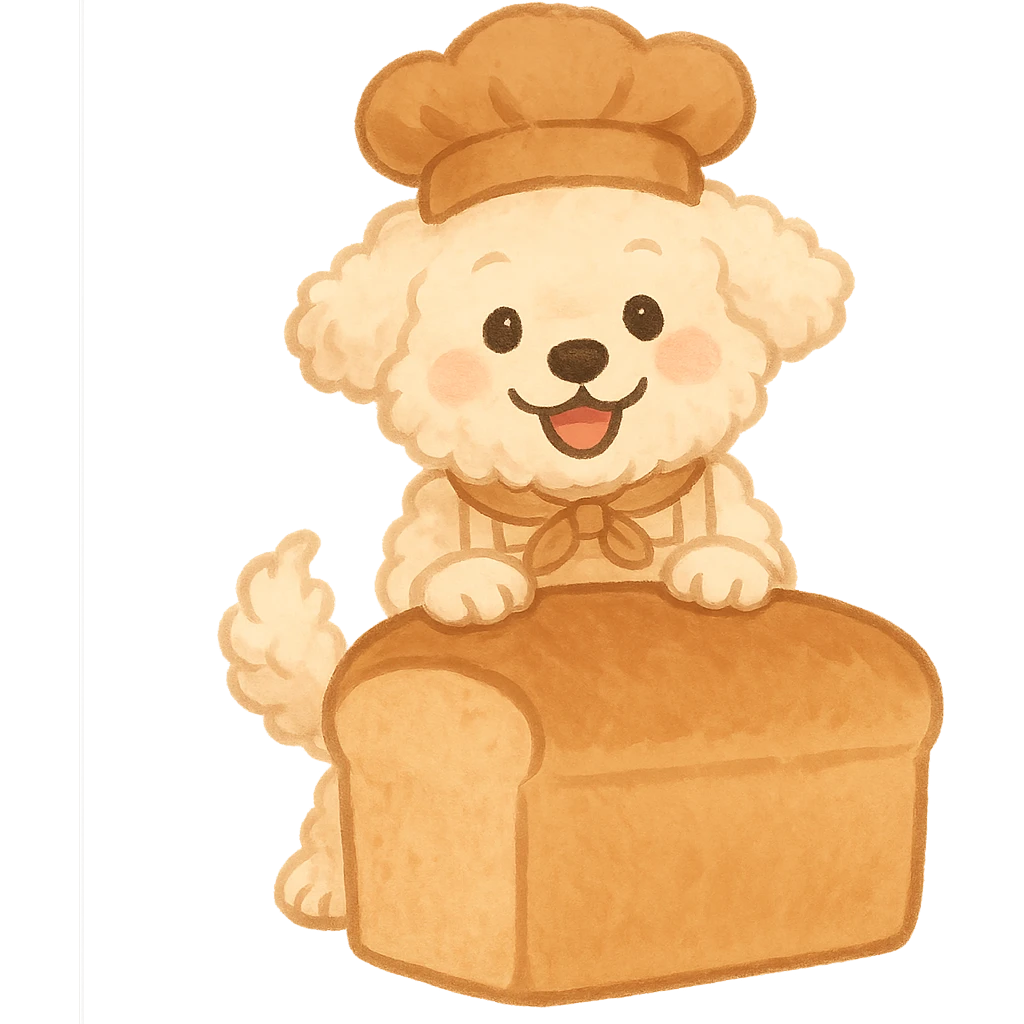 soft fluffy dog as a bread maker, peeking from a bread loaf, cheerful, warm beige, full-body emoji