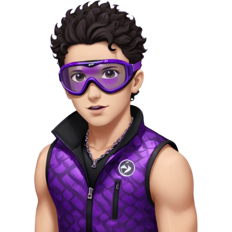 close-up of bad guy male athlete with white skin and moderately curly dark brown hair on top with shaved sides, wearing ski goggles with purple frames and very dark black lenses, a simple plain black chain necklace, and a completely unzipped sleeveless vest with purple and black sequin fire pattern design with no logo, pulling his tongue out very far in an exaggerated mocking gesture, looking menacing and villainous emoji