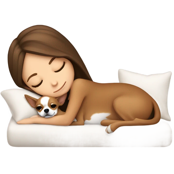 White Girl with long brown hair napping with a tan, brown, and white colored chihuahua  emoji