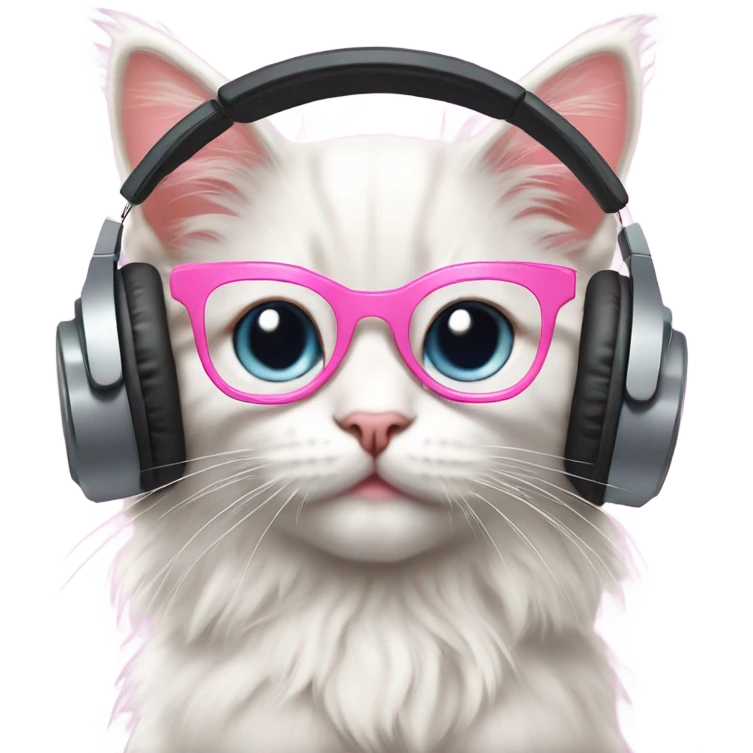 “Digital illustration of a fluffy kitten with large pink glasses and modern headphones, in emoji style, with a minimal pastel background.” emoji