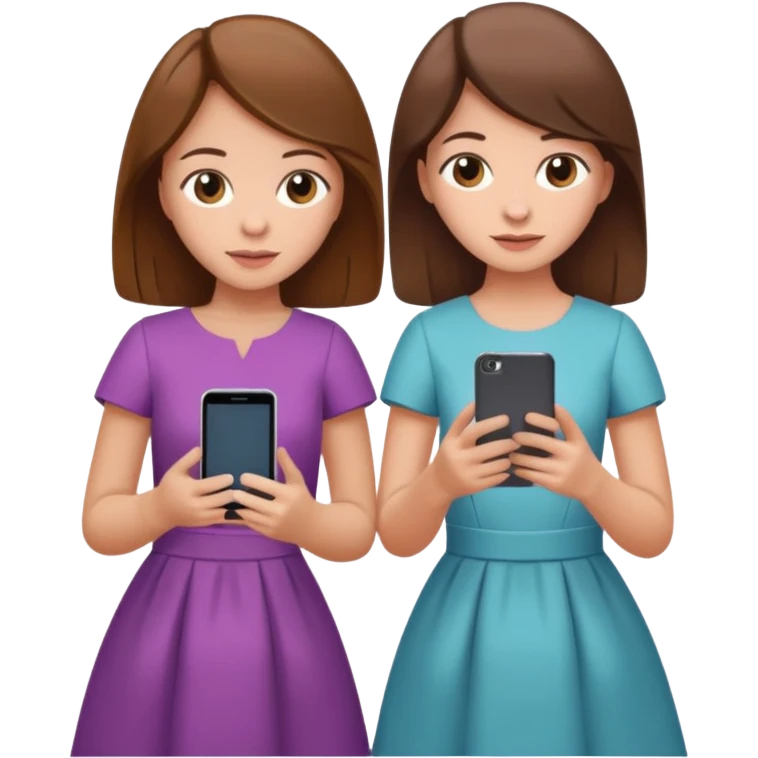 two brown haired girls, looking professional maybe leaned on each others back and looking forward and using phones, with longer hair and with some cute clothes without ties maybe dresses, one girl can hold lap top another one can hold the phone emoji