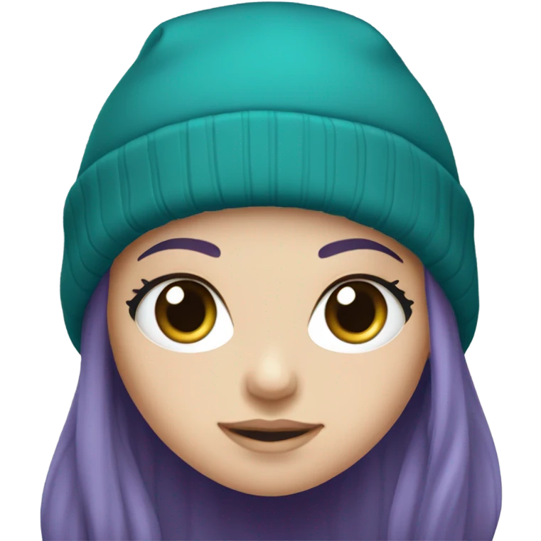 White girl, blue eyes, long teal hair, purple beanie hat, black hoodie emoji