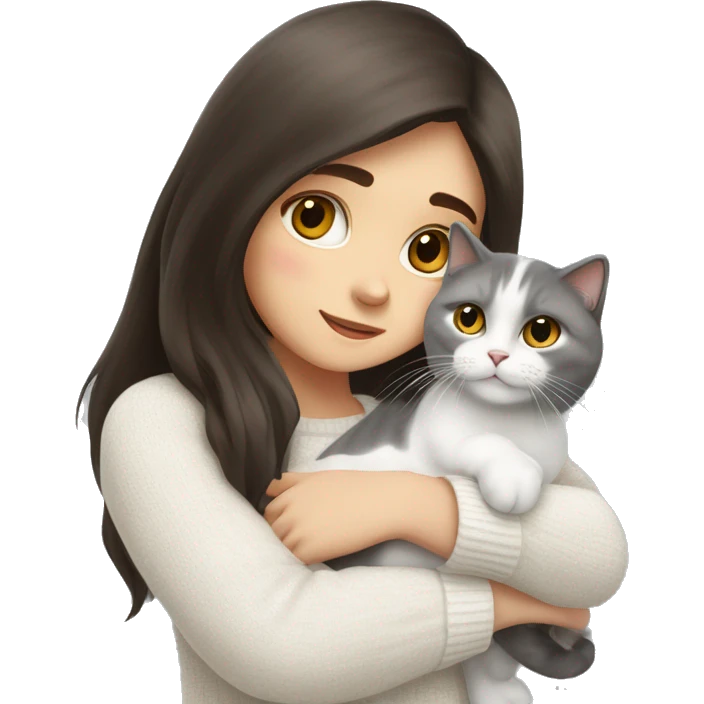 a girl with long dark brown hair, in a white sweater, hugs a Scottish fold grey and white one cat. emoji