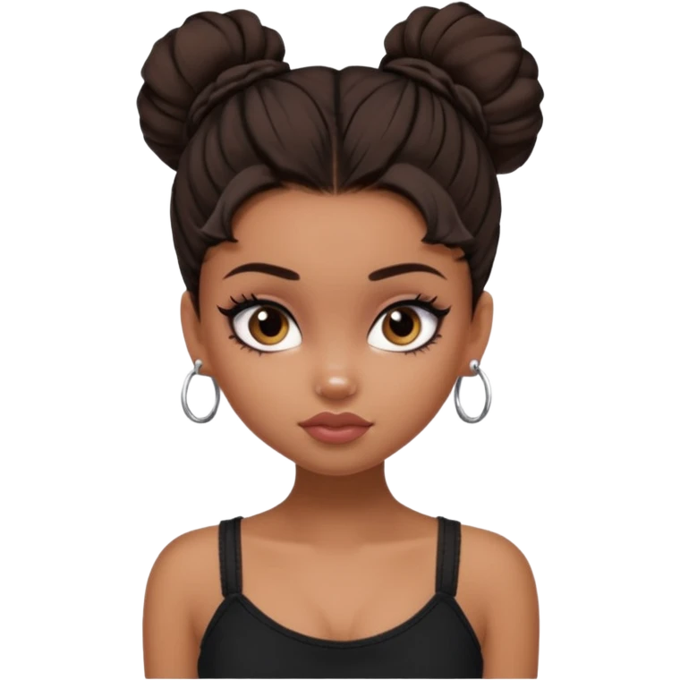 generate a pretty bratz girl in black cami top, dark brown messy bun, eyeliner on. dark brown eyes. NO EARRING emoji