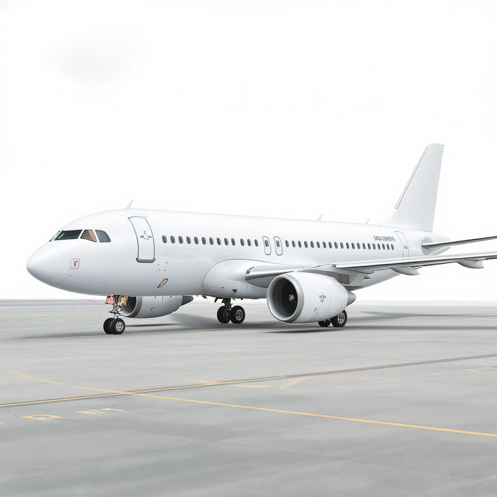 realistic stock photo style white passenger airplane on white background with soft shadows, side view, no decoration emoji