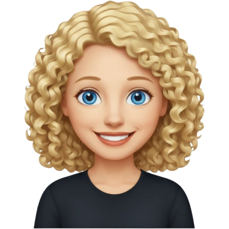 Middle aged woman with blonde curly shoulder-length hair, big blue eyes, wide smile, black shirt emoji