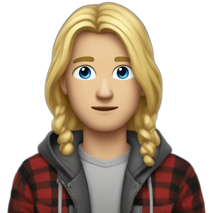 long haired blond guy skinny, tired looking, blue eyes, wearing a grey hoodie zip up with a red and black flannel under the jacket emoji