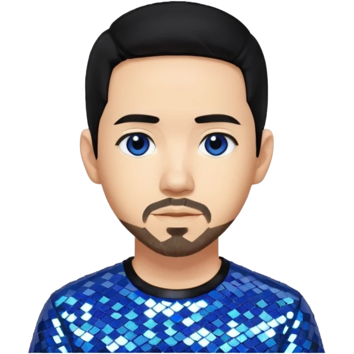 Mike Shinoda with black hair with blue highlight, black sequin shirt, brown eyes emoji