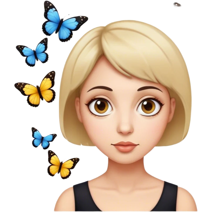 Mujer de 40 años pelo corto con ojos grandes y nariz redondita y unas mariposas al rededor  emoji