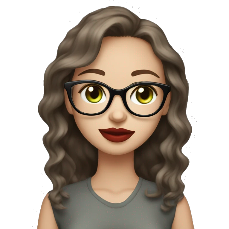23 years old girl
long a bit wavy brown hair
light skin
red lipstick
glasses with thin frame
grey/green eyes
long eyelashes and cat eyes
black silk shirt  emoji