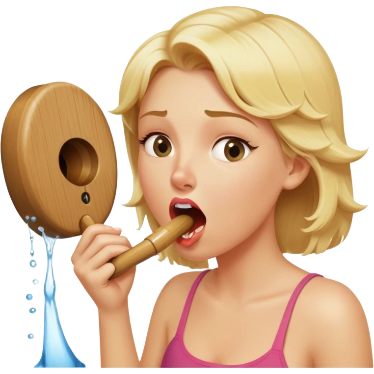 blond woman biting a wide stick with a D-shaped knob, both the same color as her skin, the knob has visible skin texture, water jet shooting from the flat side of the knob into her mouth, surprised look emoji