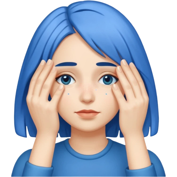 Woman with hand.covering eyes with medium length blue hair emoji