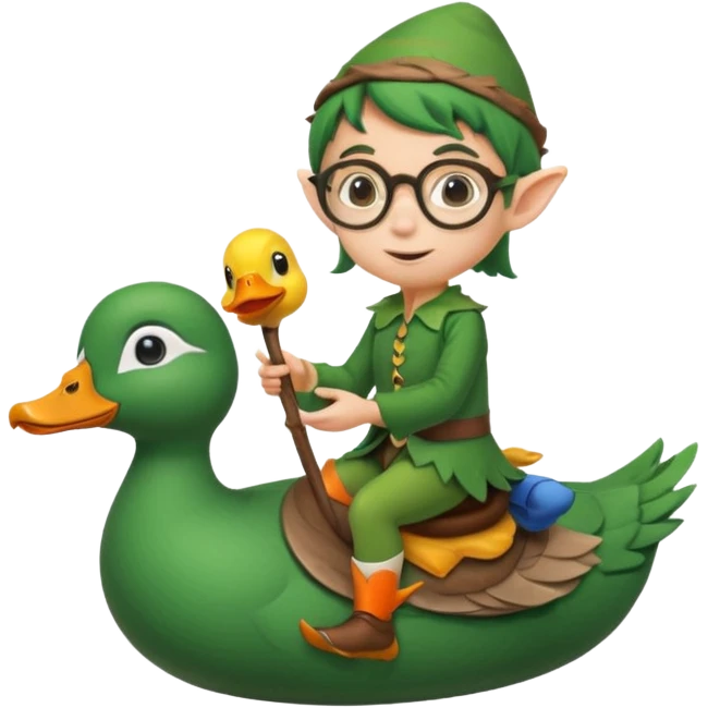 tiny forest elf with round glasses riding a duck emoji