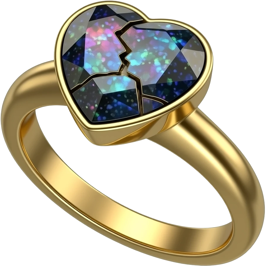 Hyperrealism, mirco-detailed black opal broken heart shaped gemstone 14k realistic gold ring, isolated, rendering, 8k hd. No emoji icons no emoji faces  emoji