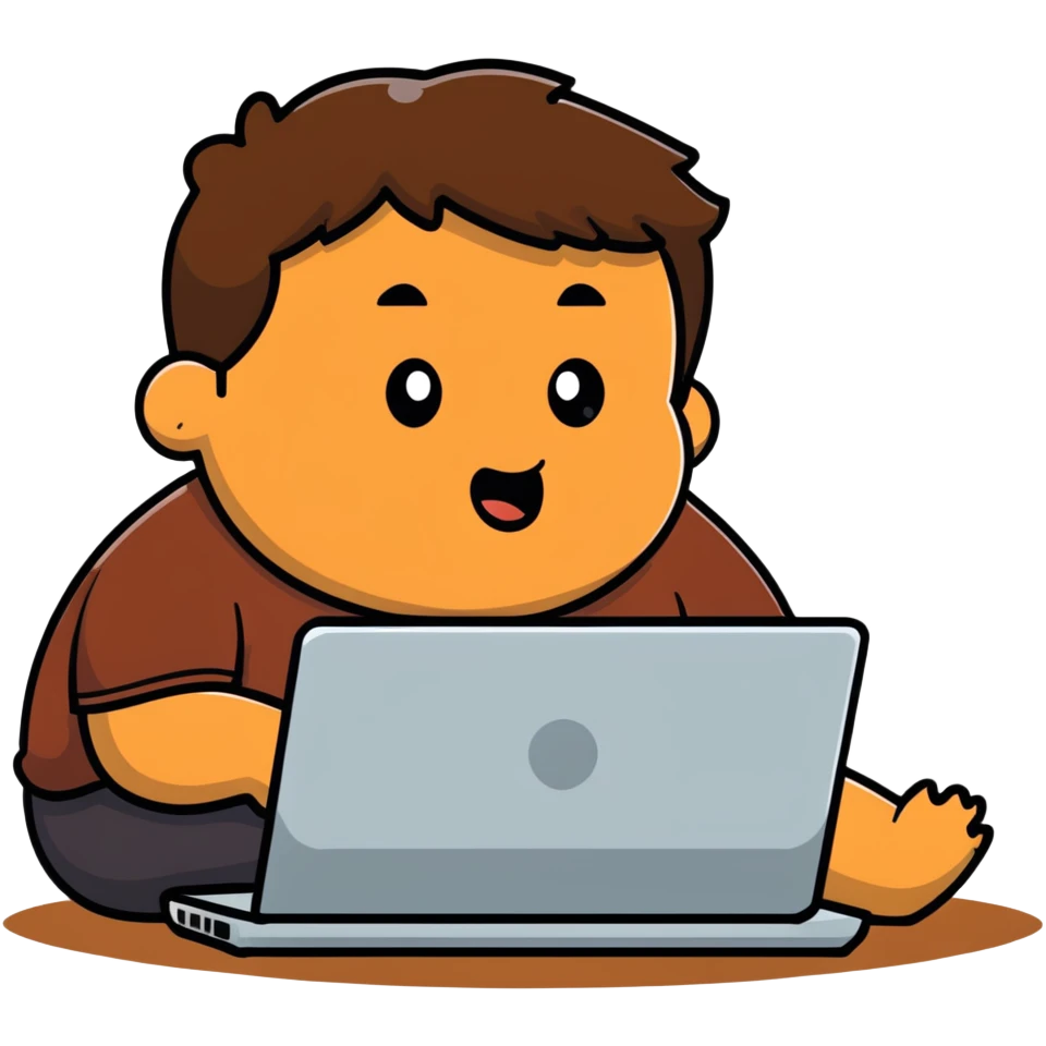 fat brown kid with brown hair using laptop drooling with stupid expression emoji