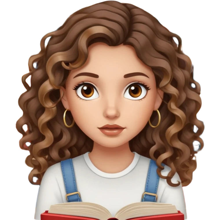 cute girl with not volominous VERY LONG curly/wavy brunette hair with balayage, brown eyes, full lips, natural clean girl makeup and hoop earrings white girl: super desperate face while studying from a lot of books emoji