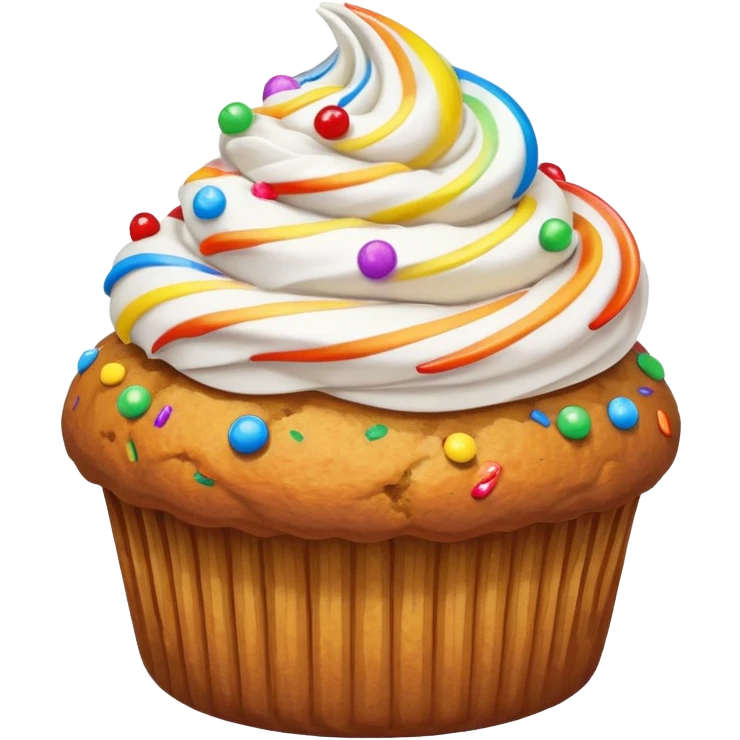 baked muffin with a swirl of whipped cream and rainbow sprinkles on top emoji