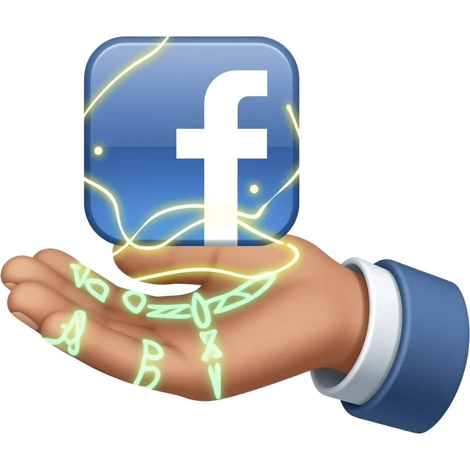 A hand with glowing magical runes holding a floating Facebook logo. Text below: 'Talk about what?'. Shimmering gold energy, flat vector style, sharp edges emoji