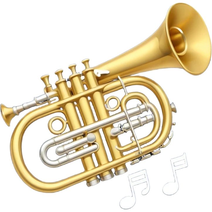 “Flat vector icon of a golden side-view trumpet with mouthpiece, bell, and three valves, thick outline, centered on a deep navy blue rounded-square (or circle); from the bell, 2–3 small white or light-blue music notes with dark outline emerge.  emoji