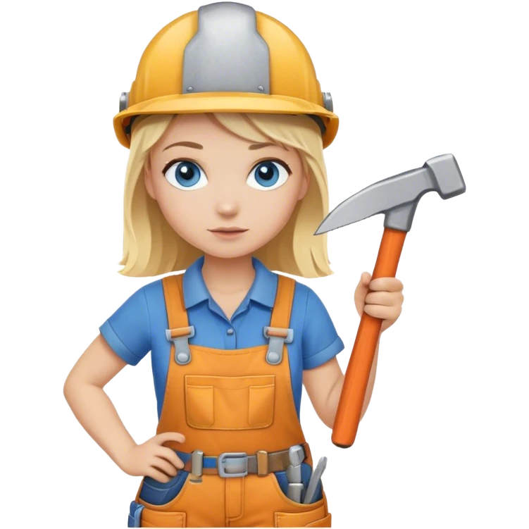 A blond girl blue eyes, habdyman Outfit, wearing a Helmet and a Hammer, Whole body  emoji
