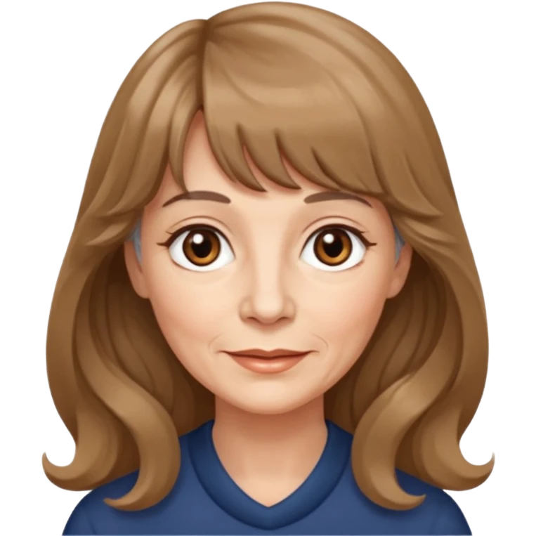 60 yr old woman, very small brown eyes, long wavy light brown hair, bangs,  emoji