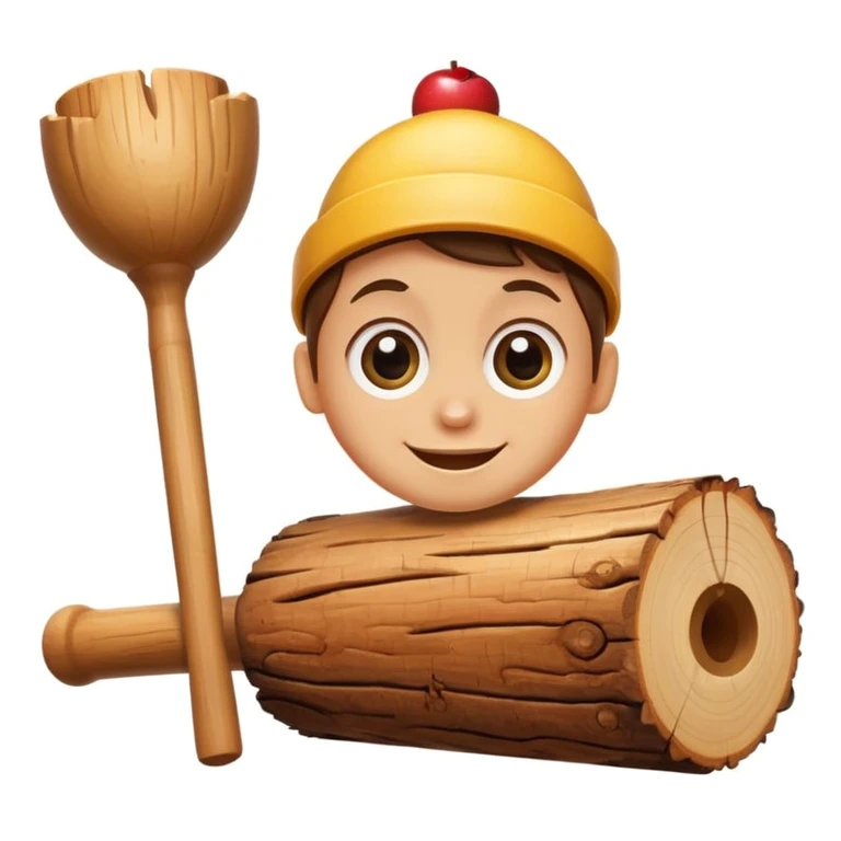 caricature of a smiling wooden log with big eyes, holding a small mallet, apple emoji style, white background, cute and colorful emoji