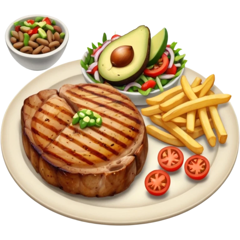pork chops, fries, tomato onion salad, beans, and avocado on the side  emoji