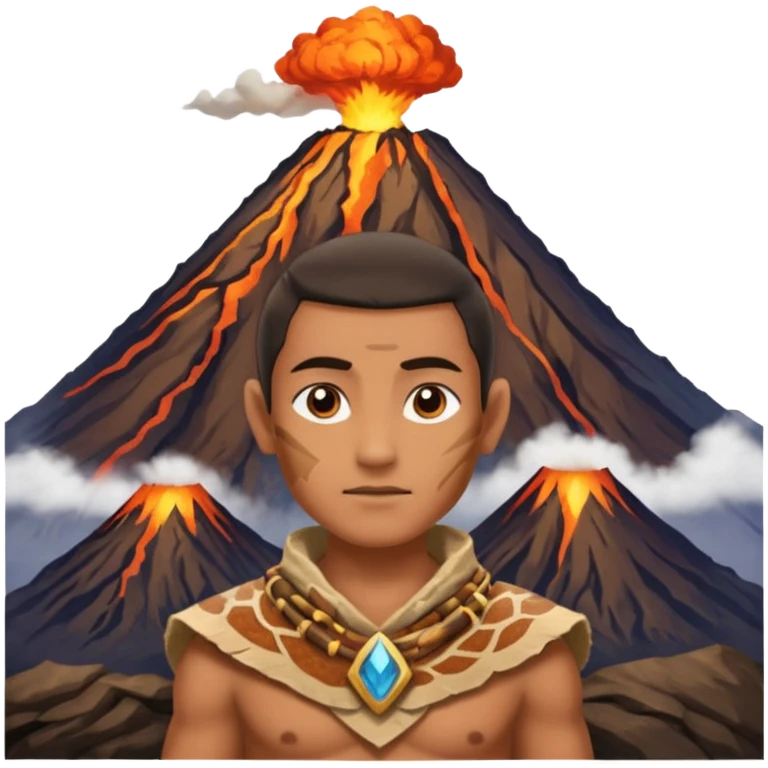 a avatar wearing ancient animal skin cloth with volcano behind, half body, icon emoji