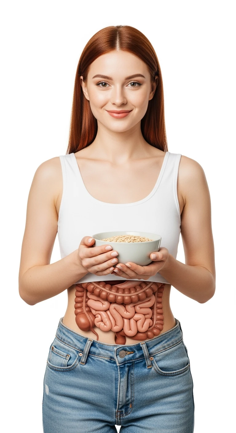 donna con bowl di avena in mano e intestino in evidenza, isolata su sfondo bianco emoji