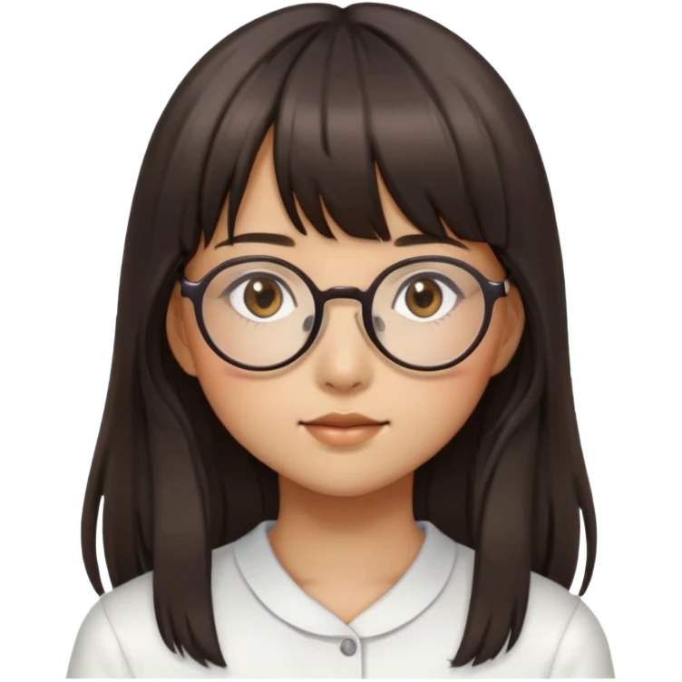A girl with long hair and a bang. She wears round glasses and has brown eyes. She has some Asian features emoji