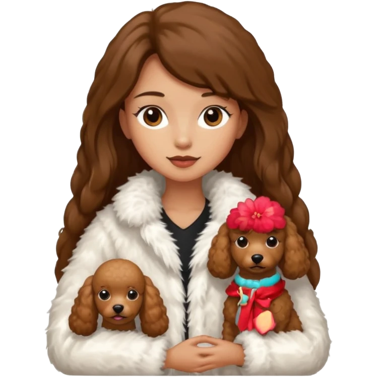 A girl with a long brown straight hair and wearing a fur white jacket holds a brown poodle emoji