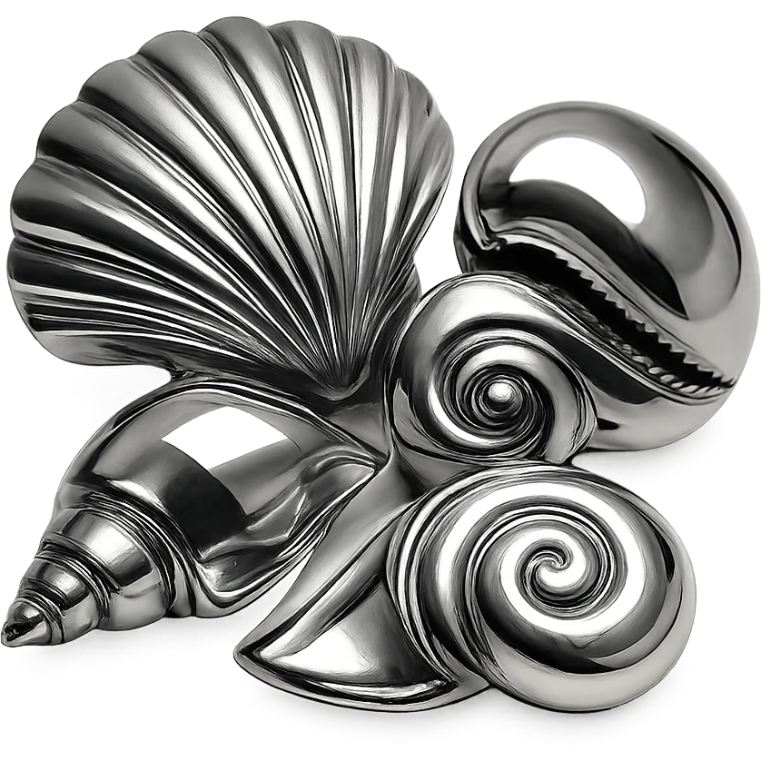 set of overlapping chrome seashells, each with a unique shape and polished surface emoji