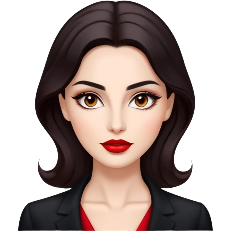 Elegant actress with luminous skin, elongated face, dark almond eyes with tasteful eyeliner, thick eyebrows, straight nose, red lips, voluminous dark hair with gentle waves, black professional attire, dignified confident pose emoji