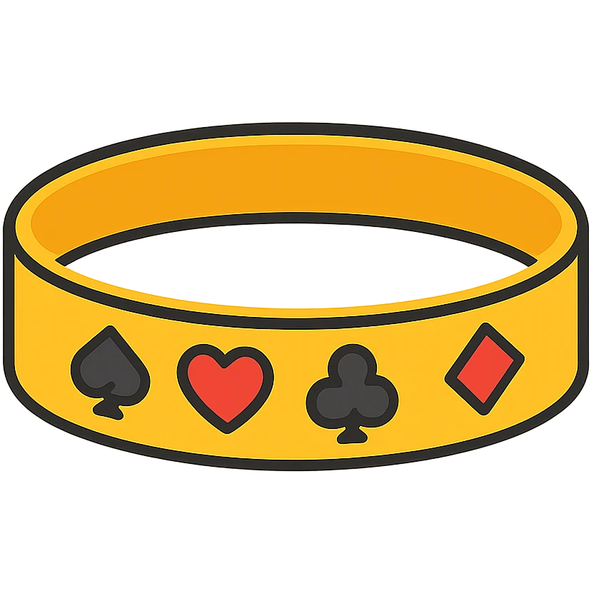 gold poker bracelet with card suit symbols, lineal color icon style, black outlines emoji