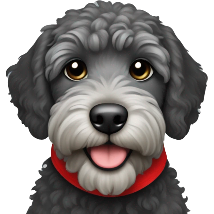 mini black and grey labradoodle dog with red bandana around neck emoji
