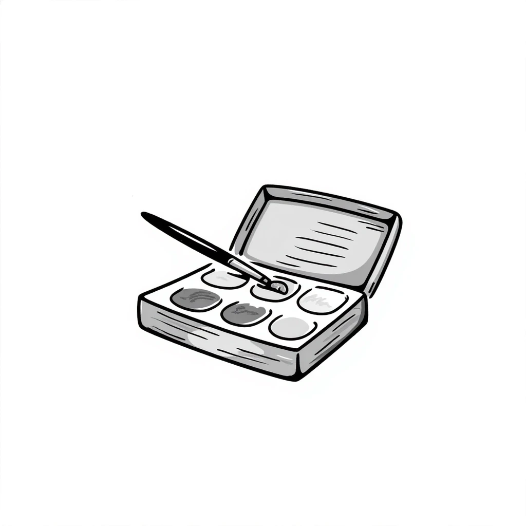 A watercolor paint box with paintbrush and color wells in pastel colors (dd9fb0, ffc6d3, a3bfc9, c4bee2, f1b091), hand-drawn doodle style emoji