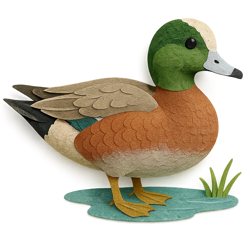 American Wigeon in paper craft style, delicate paper layers, realistic feather patterns, soft color variations, near a pond emoji
