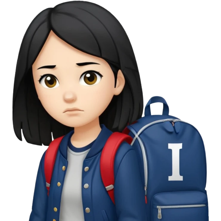 college student with annoyed face , black hair , with navy varsity jacket( initial I) and backpack , girl, long hair,  emoji