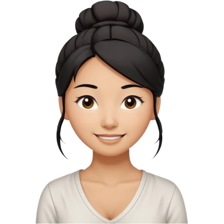medium tan asian woman with long black hair tied 1 messt bun on top of head,  round brown eyes, white v neck blouse. shes smiling and friendly. emoji
