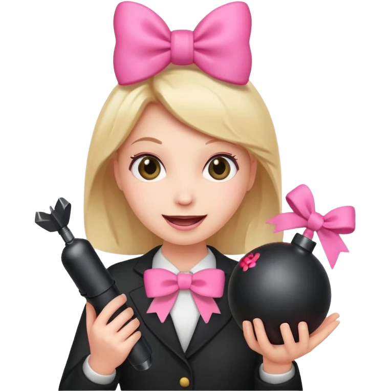 A happy face holding a bomb and the bomb has a cute pink bow emoji