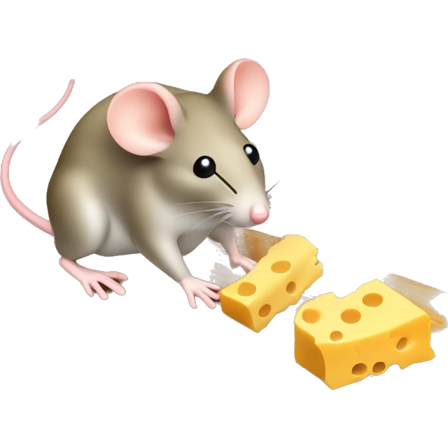 Mouse trap with cheese on it and a mouse sniffing the cheese carefully emoji