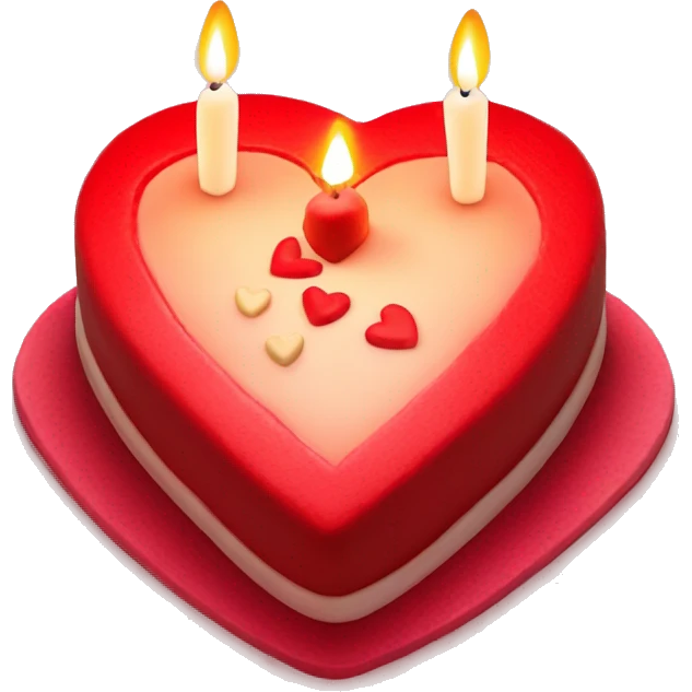 Red primarily colored heart shaped birthday cake, top view, 4 candles, no plate emoji